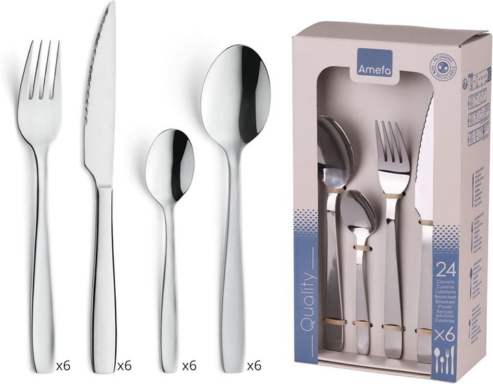 Amefa Besteck-Set Hotel, Tafelbesteck für 6 Personen, Edelstahl glänzend, weiche Konturen, 24-teilig