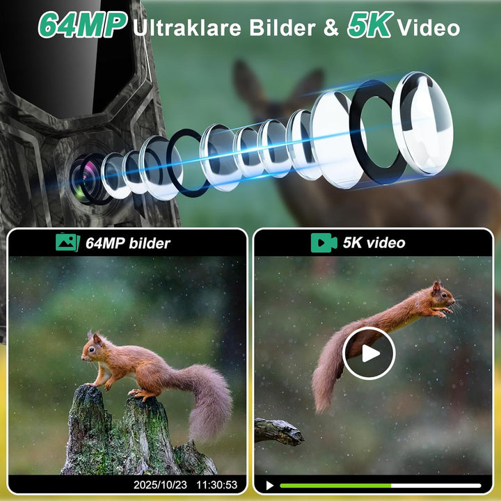 Lutranstra 5KB Wildkamera mit Handyübertragung App, 5K/64MP HD Wildkamera mit Wiederaufladbare 7800m