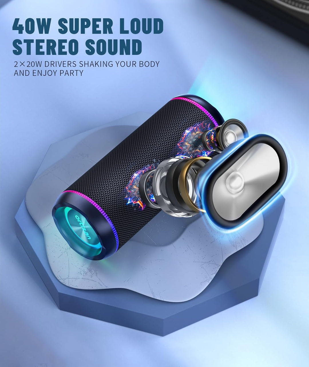 Ortizan Bluetooth Lautsprecher, Musikbox mit LED-Licht, Bluetooth 5.3, 30 Stunden Spielzeit, tragbar