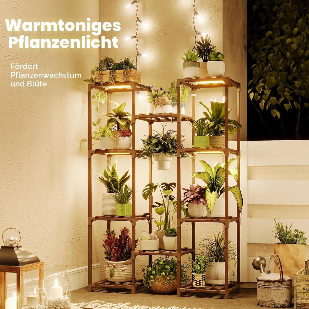 Bamworld Blumenständer mit Pflanzenlampe Pflanzenregal aus Holz mit LED Grow Light, Pflanzenständer