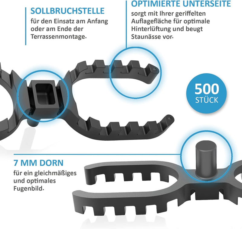 My Plast I 7 mm Fugenbreite - 600 Stück - offen geriffelt I Terrassen-Abstandhalter – hochwertiger D