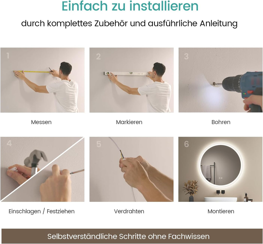 EMKE Badspiegel mit Beleuchtung Rund 60cm, Badezimmerspiegel mit dimmbarer Beleuchtung, 3 Lichtfarbe