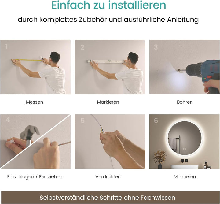 EMKE Badspiegel mit Beleuchtung Rund 60cm, Badezimmerspiegel mit dimmbarer Beleuchtung, 3 Lichtfarbe