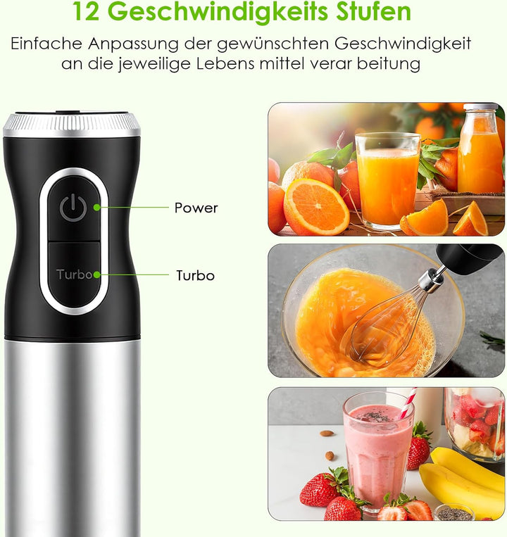 4-In-1 Elektrische Stabmixer, 1000 W Pürierstab mit 12 Geschwindigkeiten, Stabmixer Edelstahl Schnee