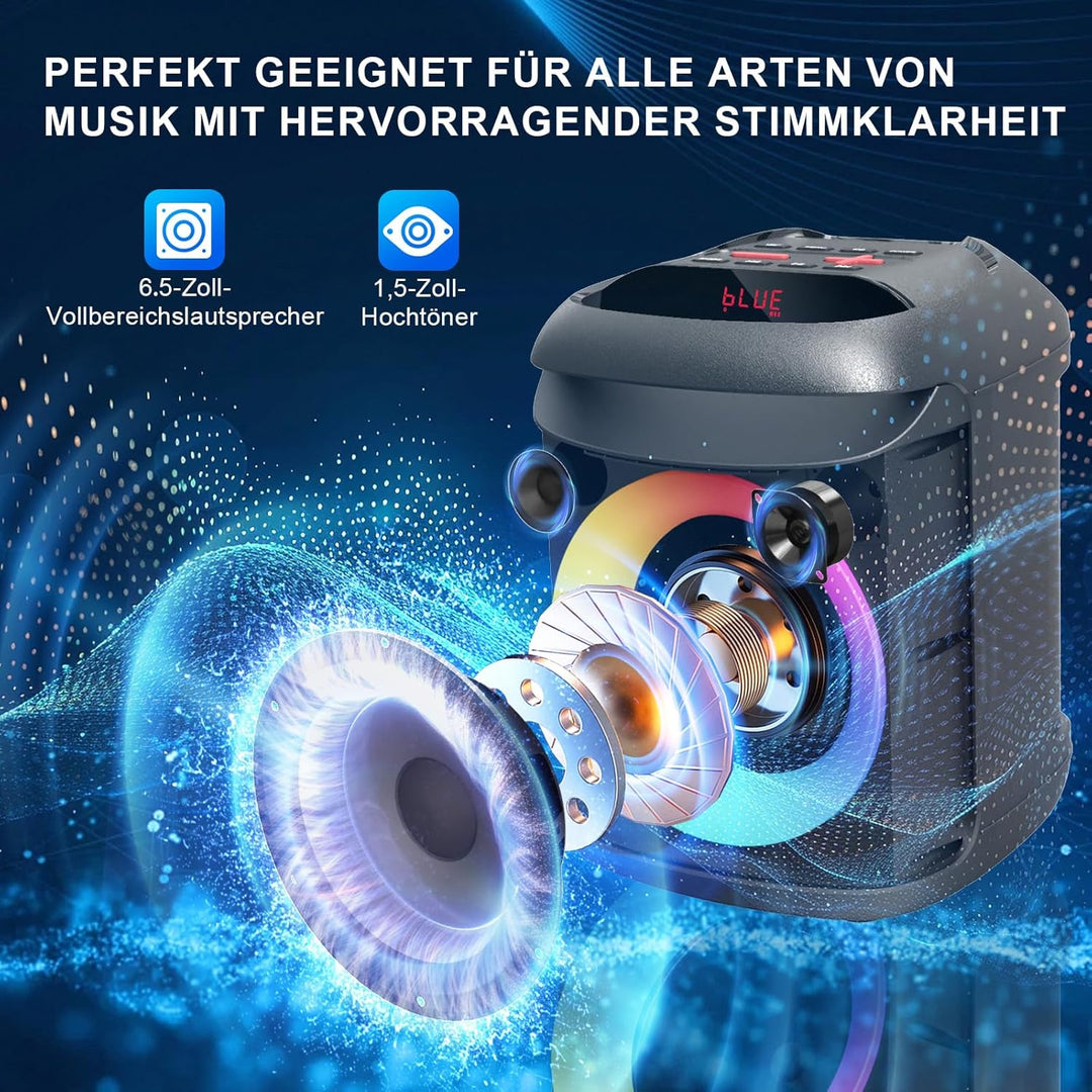 AIMAX Karaoke Maschine mit 2 Kabellosen Mikrofonen, Tragbare Bluetooth Lautsprecher für Erwachsene u