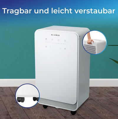 KLAMER Luftentfeuchter elektrisch 12L, 100m³ Luftumwälzung pro Stunde, 280W starker Raumentfeuchter,