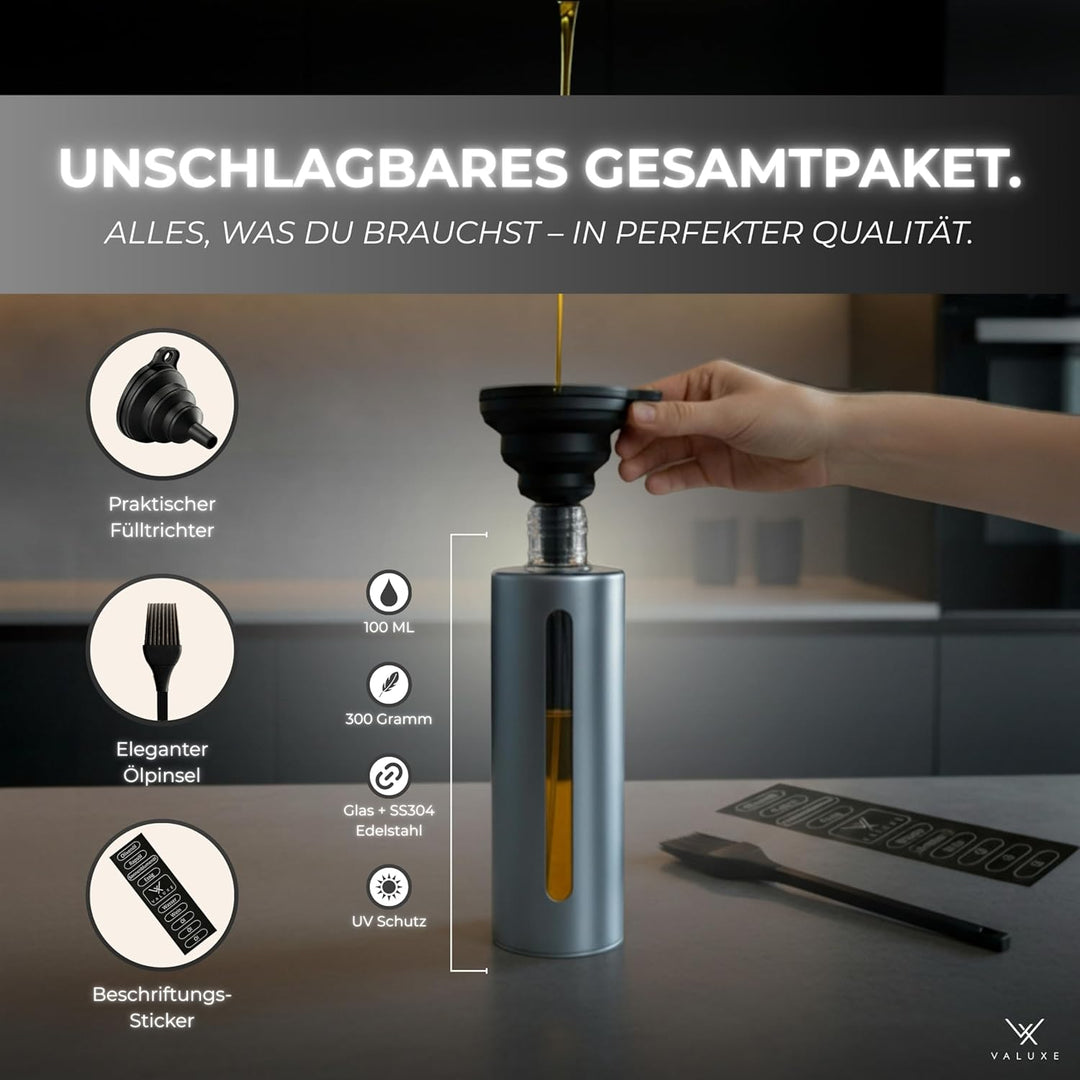 VALUXE® Ölsprüher für Speiseöl & Essig mit UV-Edelstahlmantel & Sprühfilter - Edelstahl Öl-Sprühflas