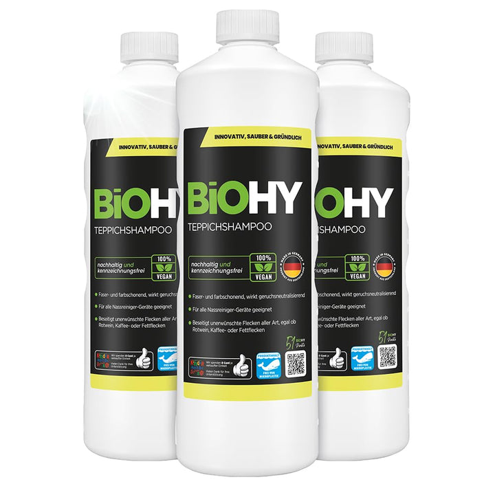 BiOHY Teppichshampoo (3 x 1 Liter) | Teppichreiniger Konzentrat | ideal gegen hartnäckige Flecken |