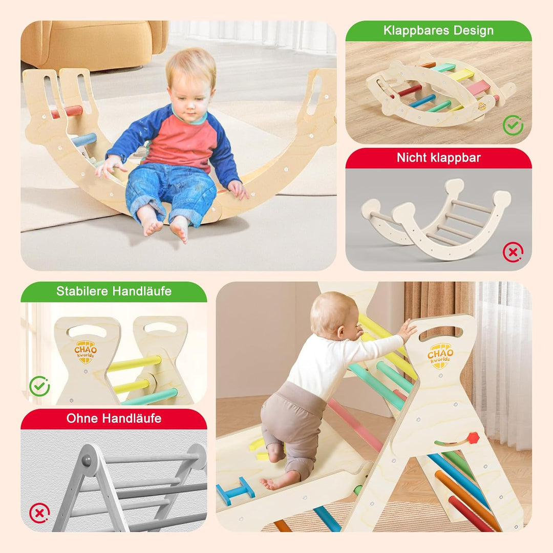Pikler Dreieck 8-in-1 klappbar, Montessori Klettergerüst Indoor aus Holz mit Rutsche, Kletterbogen u