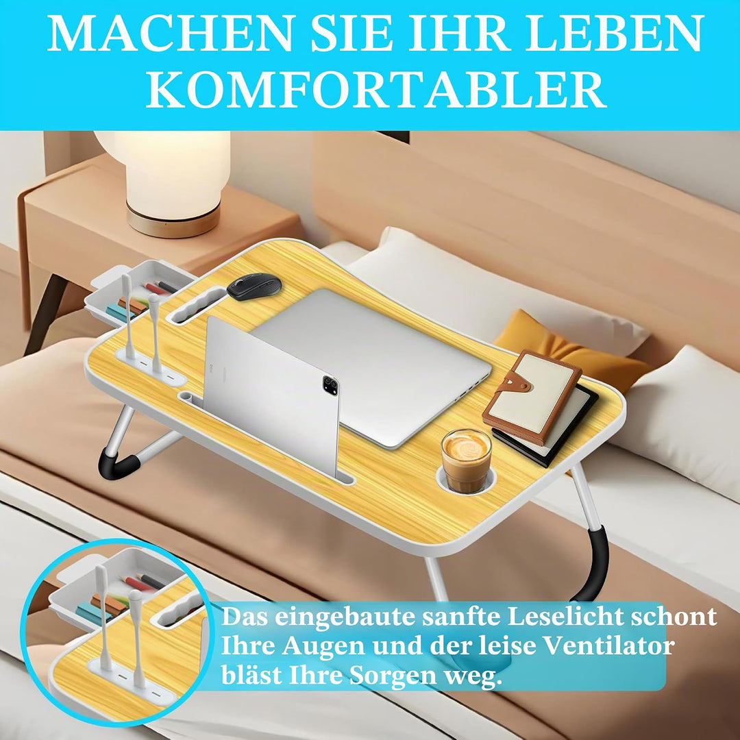 Soontrans Laptoptisch, 60 x 40 x 28 cm, Laptop Tisch mit Schublade, Getränkehalter, Kleiner Ventilat