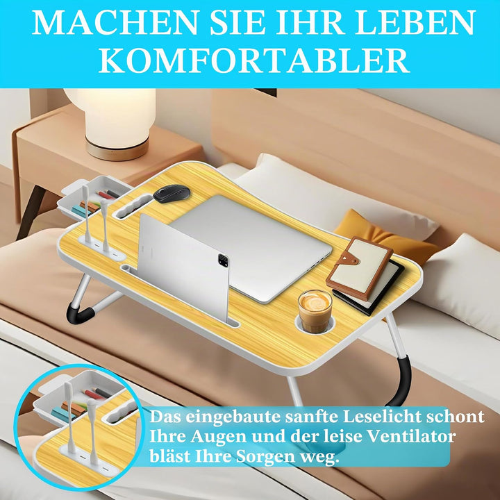 Soontrans Laptoptisch, 60 x 40 x 28 cm, Laptop Tisch mit Schublade, Getränkehalter, Kleiner Ventilat