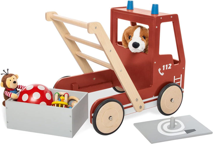 PINOLINO Lauflernwagen Feuerwehrauto Fred, mit Bremssystem, gummierten Holzrädern und herausnehmbare