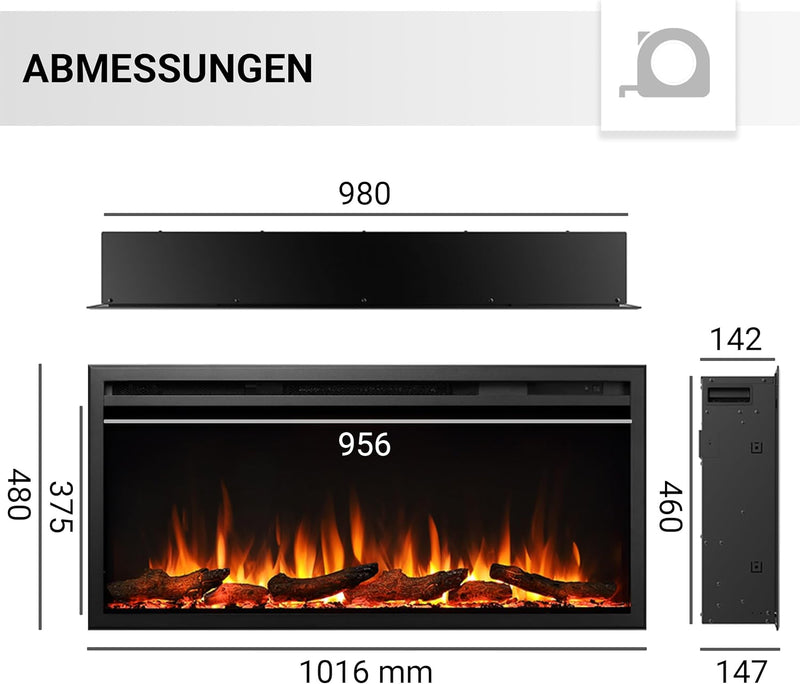 BALDERIA Atalanta 40" Elektrokamin - Elektrischer Einbaukamin mit Heizung 1000/2000 W, realistischer