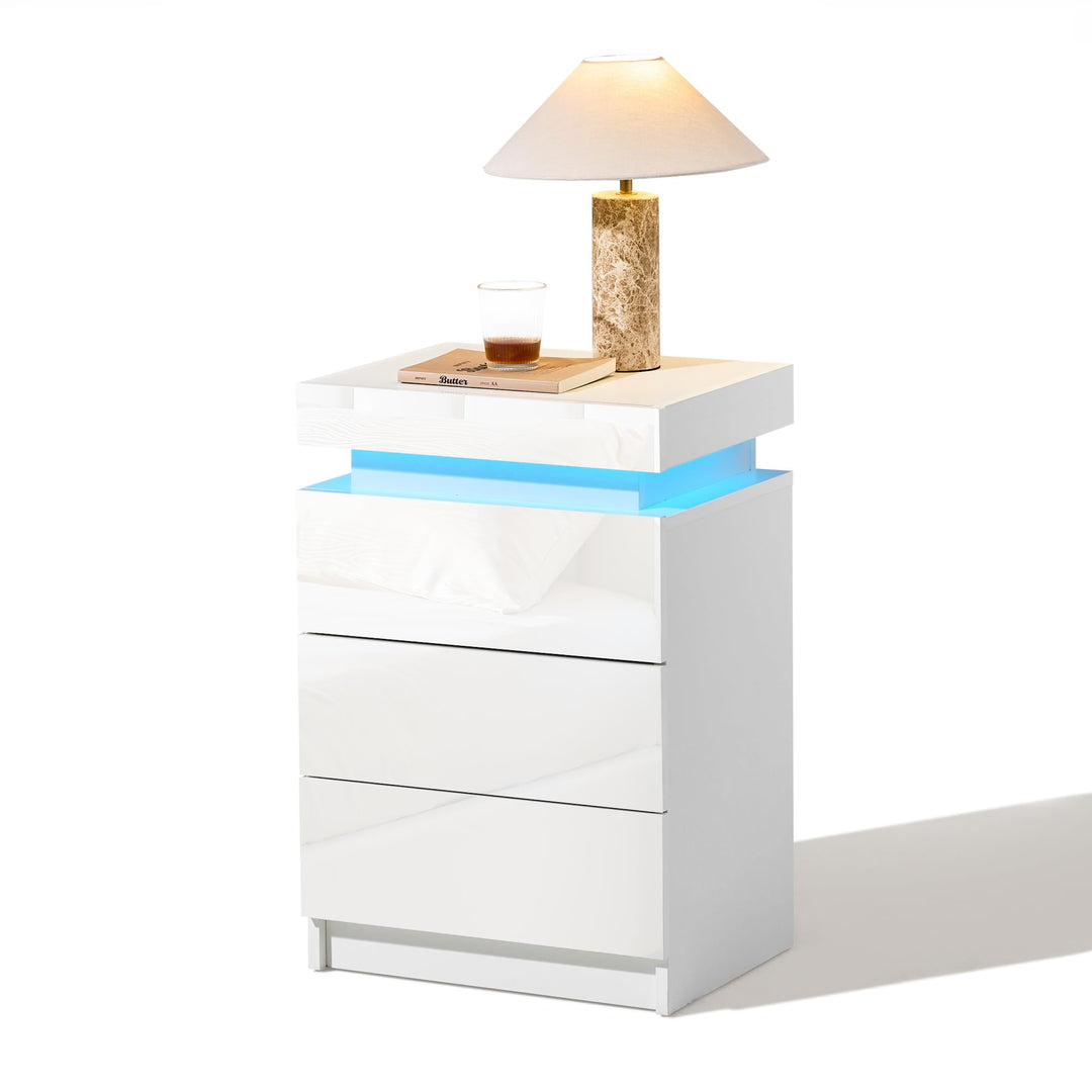 CLIPOP Nachttisch Hochglanzfront Kommode mit mit LED-Lichtern, sprachgesteuerter Lichtstreifen, 3 Sc