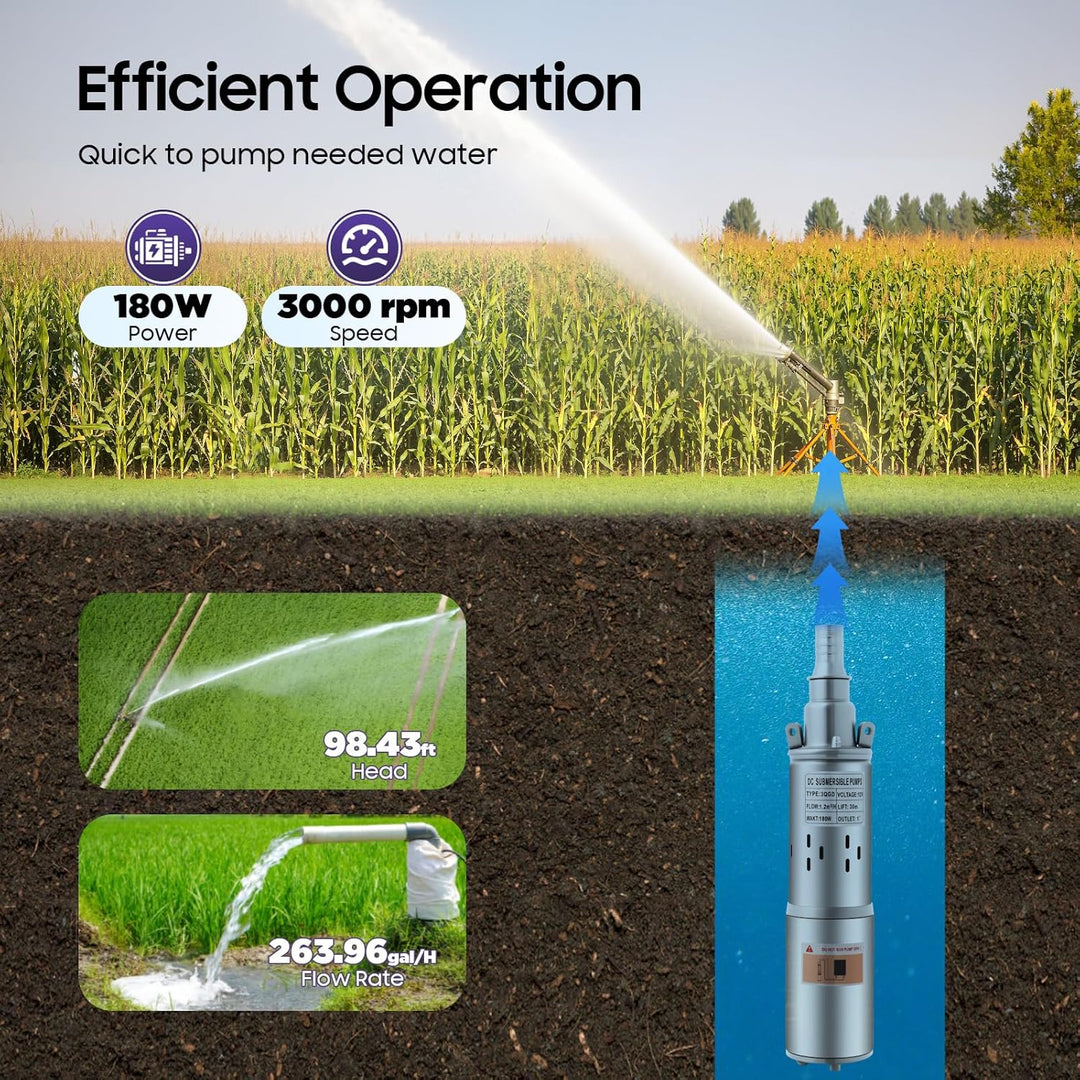 Tiefbrunnenpump 180W 12V 1200 L/h, Förderhöhe max. 34 m, Brunnenpumpe Tauchpumpe Pumpe Zisterne mit