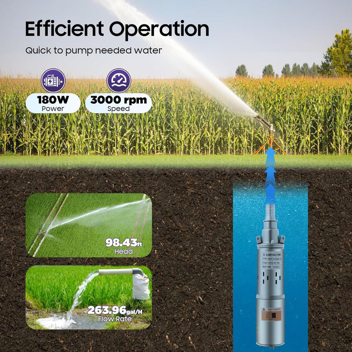 Tiefbrunnenpump 180W 12V 1200 L/h, Förderhöhe max. 34 m, Brunnenpumpe Tauchpumpe Pumpe Zisterne mit