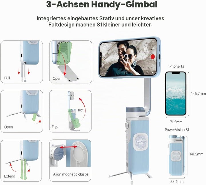 PowerVision S1, Gimbal Smartphone,3-Achsen-Telefonstabilisator mit eingebautes Stativ, kabelloser Po