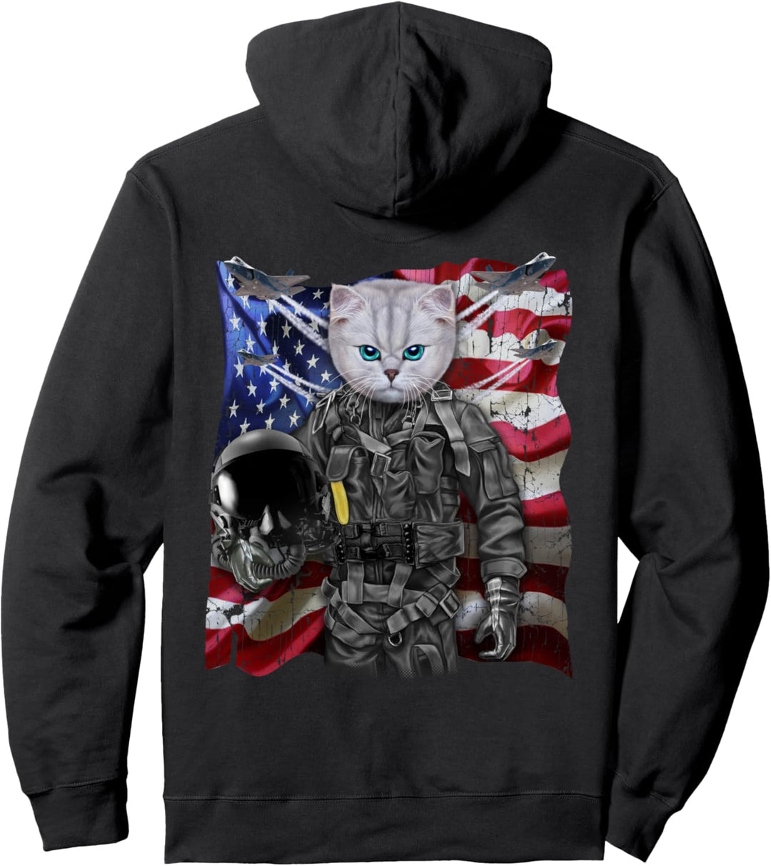 Weisse Katze als Kampfpilot mit Flagge der USA Pullover Hoodie