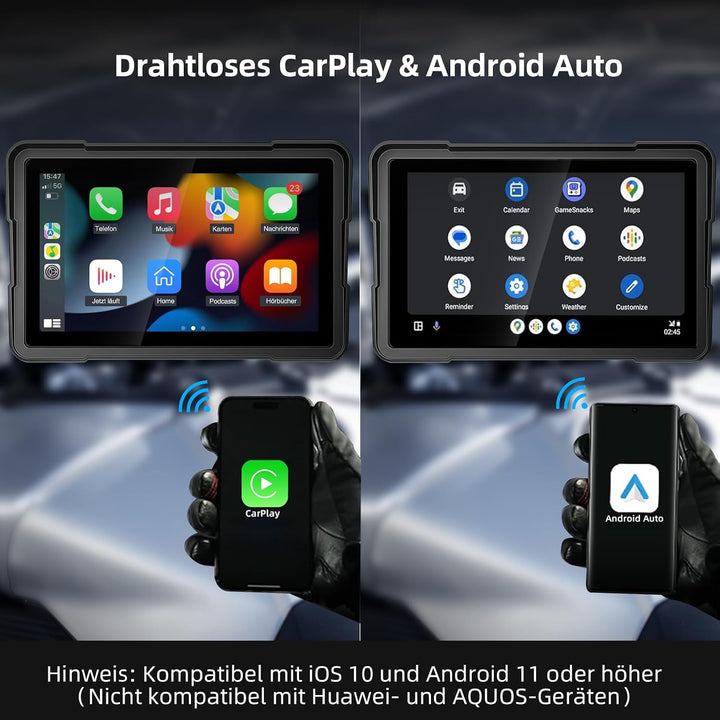 7 Zoll Motorrad Display mit Wireless CarPlay &amp; Android Auto, 1000 Nits Helles Motorrad Navi Touchscr
