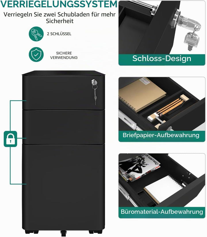 YITAHOME Rollcontainer mit 3 Schubladen, Metall Abschliessbar Aktenschrank für A4, Legal, Letter, Mo