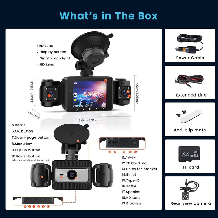 4 Kanal Dashcam Auto, 360 Grad Dashcam FHD 1080P Vorne Hinten Innen Links und Rechts mit 64GB SD Kar