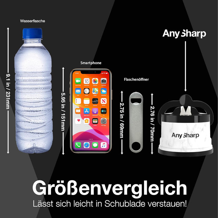 AnySharp Messerschärfer, Freihändige Sicherheit, PowerGrip Saugnapf, Sicheres Schärfen aller Küchenm