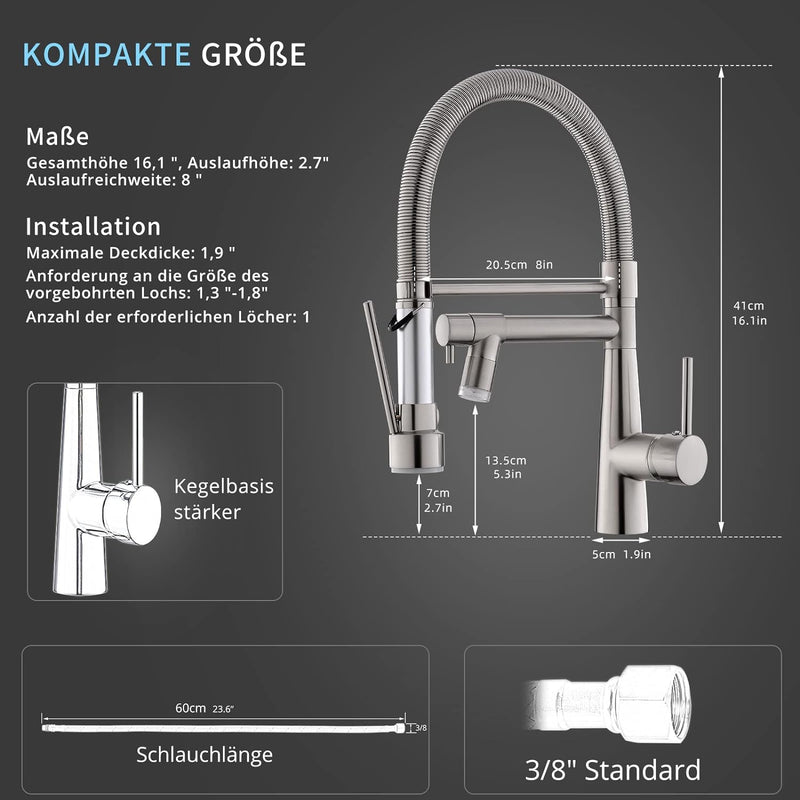 TIMACO LED Küchenarmatur mit Spiralfeder, 360° Schwenkbare Spültischarmaturen mit Zwei Auslauf, Wass