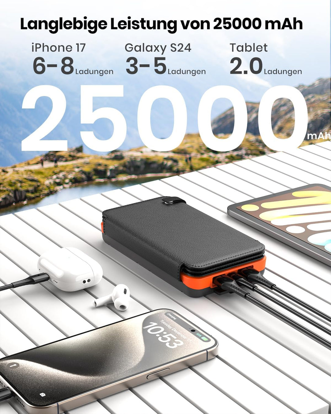 A ADDTOP Solar Power Bank - 25000 mAh Solar PowerBank mit 4 Solarpanels - 3.0A Schnelllade Ladegerät