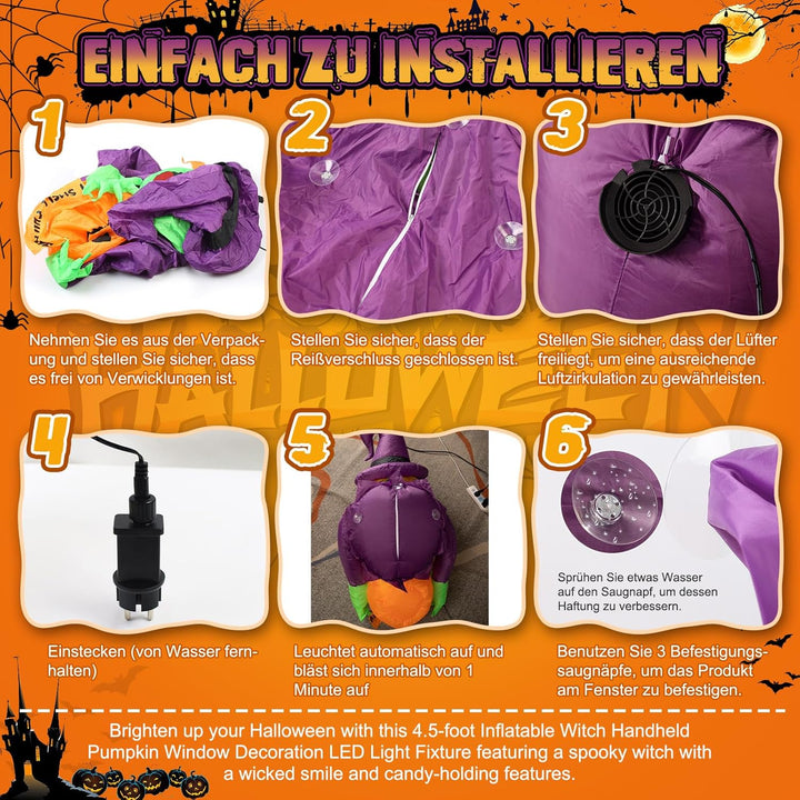 4,5 Ft Halloween deko Aufblasbar Hexe, Halloween deko Outdoor Fenster,Geisterhexen mit Kürbis-Bonbon