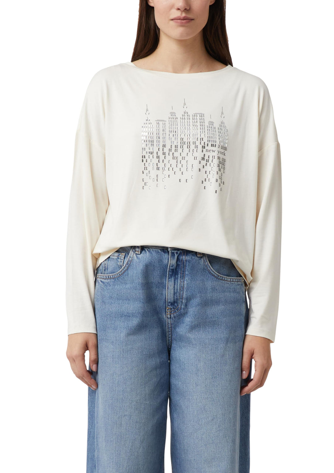 Comma Langarmshirt mit Frontprint und Strassdetails 34 04l0_creme, 34 04l0_creme