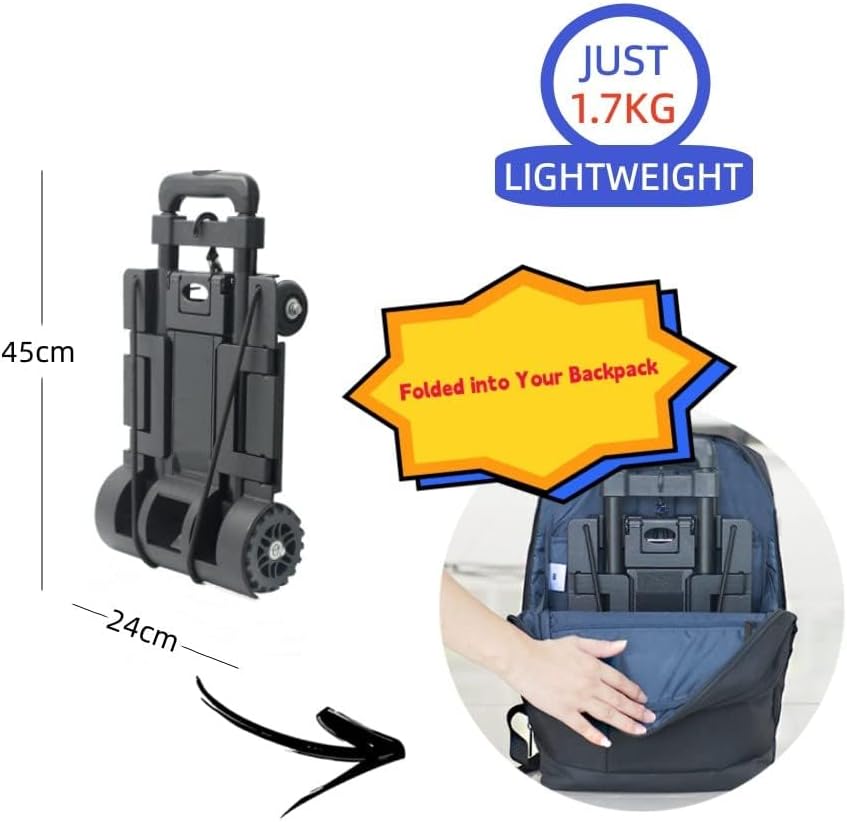 Faltbarer Sackkarre, 65 kg, robuste 4 Räder, tragbare Sackkarre, Leichter Reisewagen mit Bindegürtel