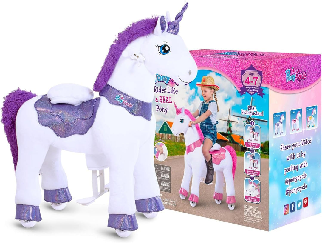 PonyCycle® Einhorn Reitpferd | für Kinder 4–7 Jahre, 90cm | Lila Plüsch Schaukelpferd auf Rollen mit