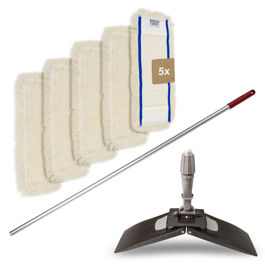 Bodenwischer Set Moppstange Aluminium mit Rändelhandgriff + Klapphalter & 5X Baumwollmopp Bezug 50cm