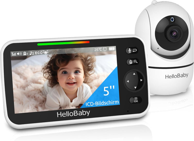 HelloBaby Babyphone mit Kamera und Nachtsicht, 5" (12,7 cm) Display mit 30-Stunden-Akku, Pan-Tilt-Zo