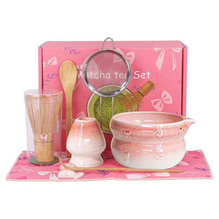 Nideen Matcha Set Rosa 8-teilig mit Schale, Besen, Löffel, Sieb & Zubehör – Traditionelles Matcha Te