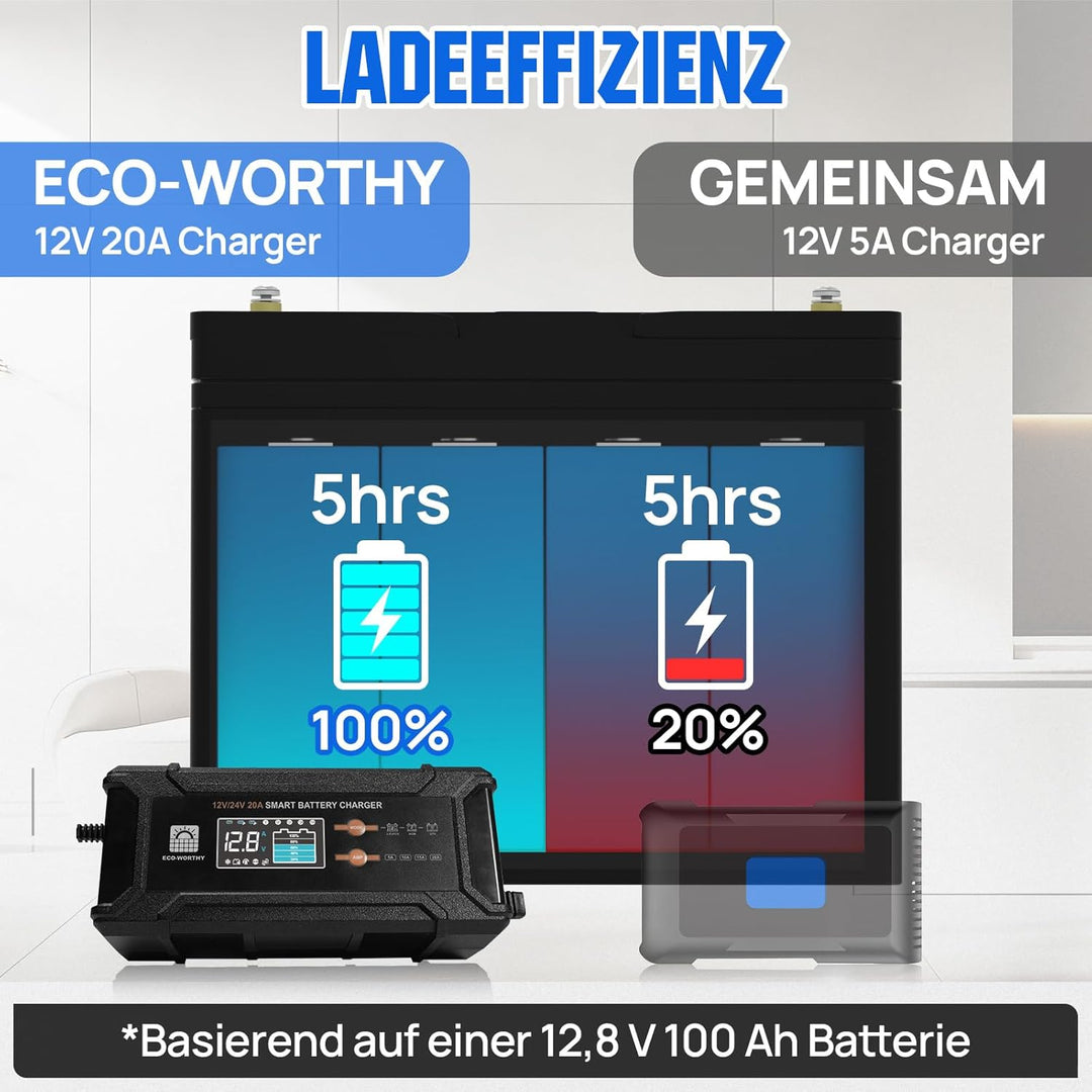 ECO-WORTHY 12V/24V 20A LiFePO4 Batterieladegerät mit Multi-Current Optionen 5A/10A/15A/20A,automatis