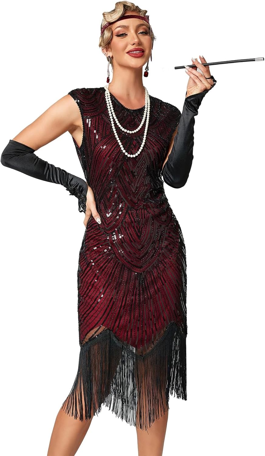 Damen Kleid voller Pailletten 20er Stil Runder Ausschnitt Inspiriert von Great Gatsby Kostüm Kleid S