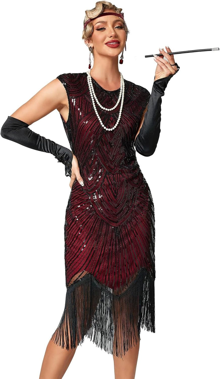 Damen Kleid voller Pailletten 20er Stil Runder Ausschnitt Inspiriert von Great Gatsby Kostüm Kleid S