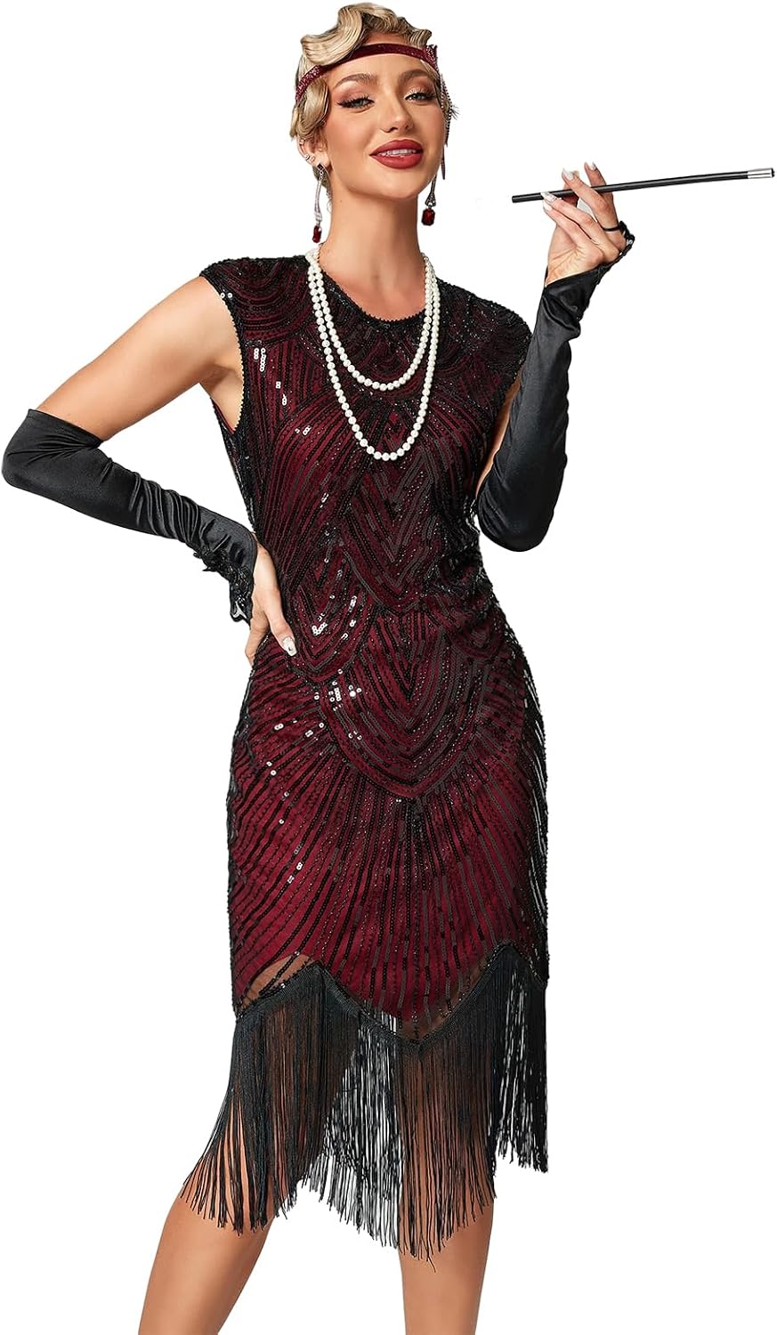 Damen Kleid voller Pailletten 20er Stil Runder Ausschnitt Inspiriert von Great Gatsby Kostüm Kleid S