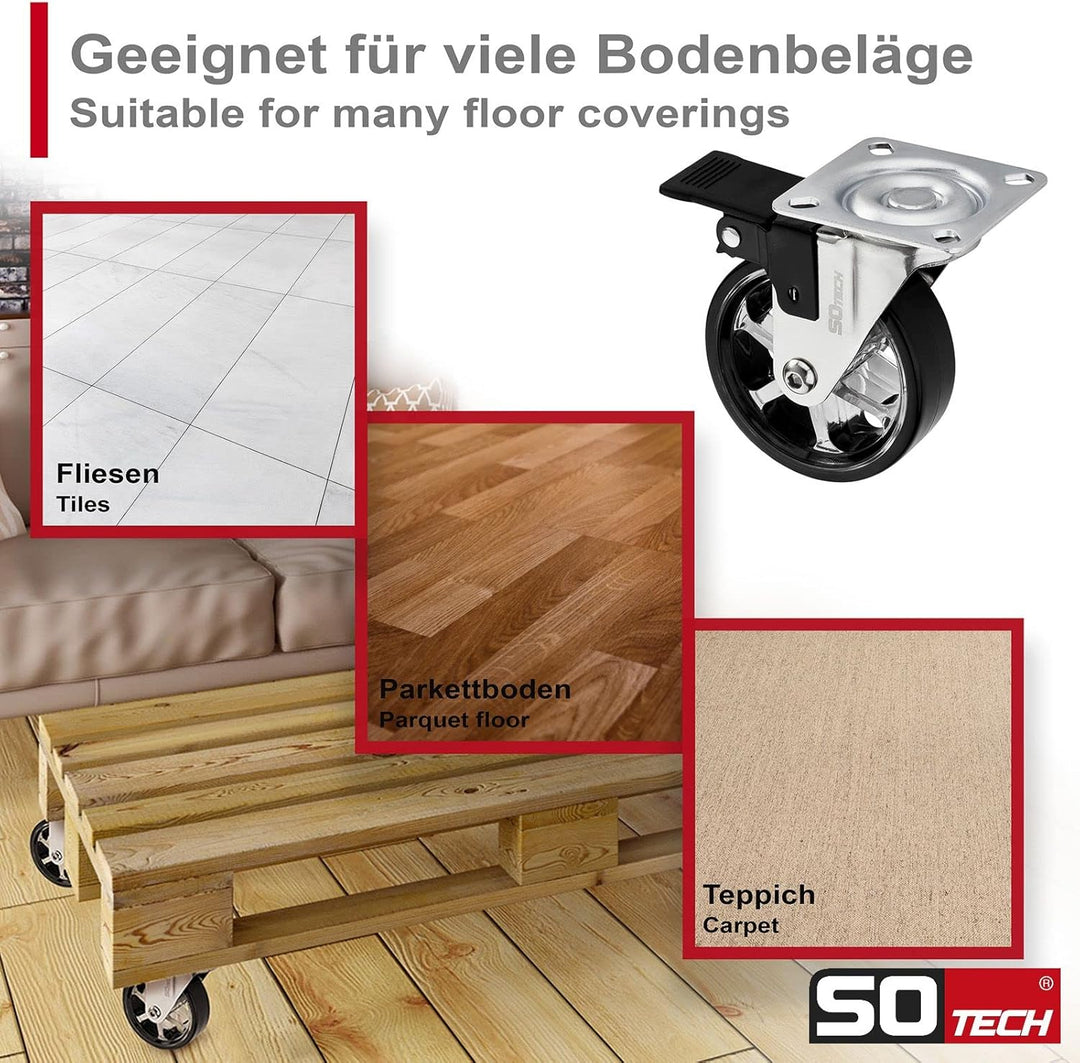 SOTECH 4 Stück Design Lenkrollen SHIFT Rollen-Ø 75 mm schwarz mit Feststellfunktion, belastbar bis 1
