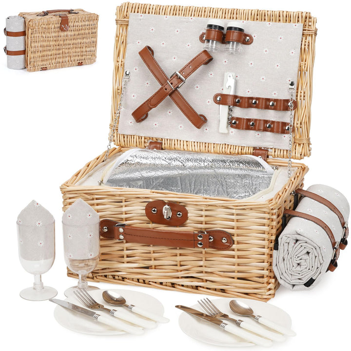 Picknickkorb für 2 Personen - Isolierter Vintage Weidenkorb mit wasserdichter Matte & Besteckset Paa