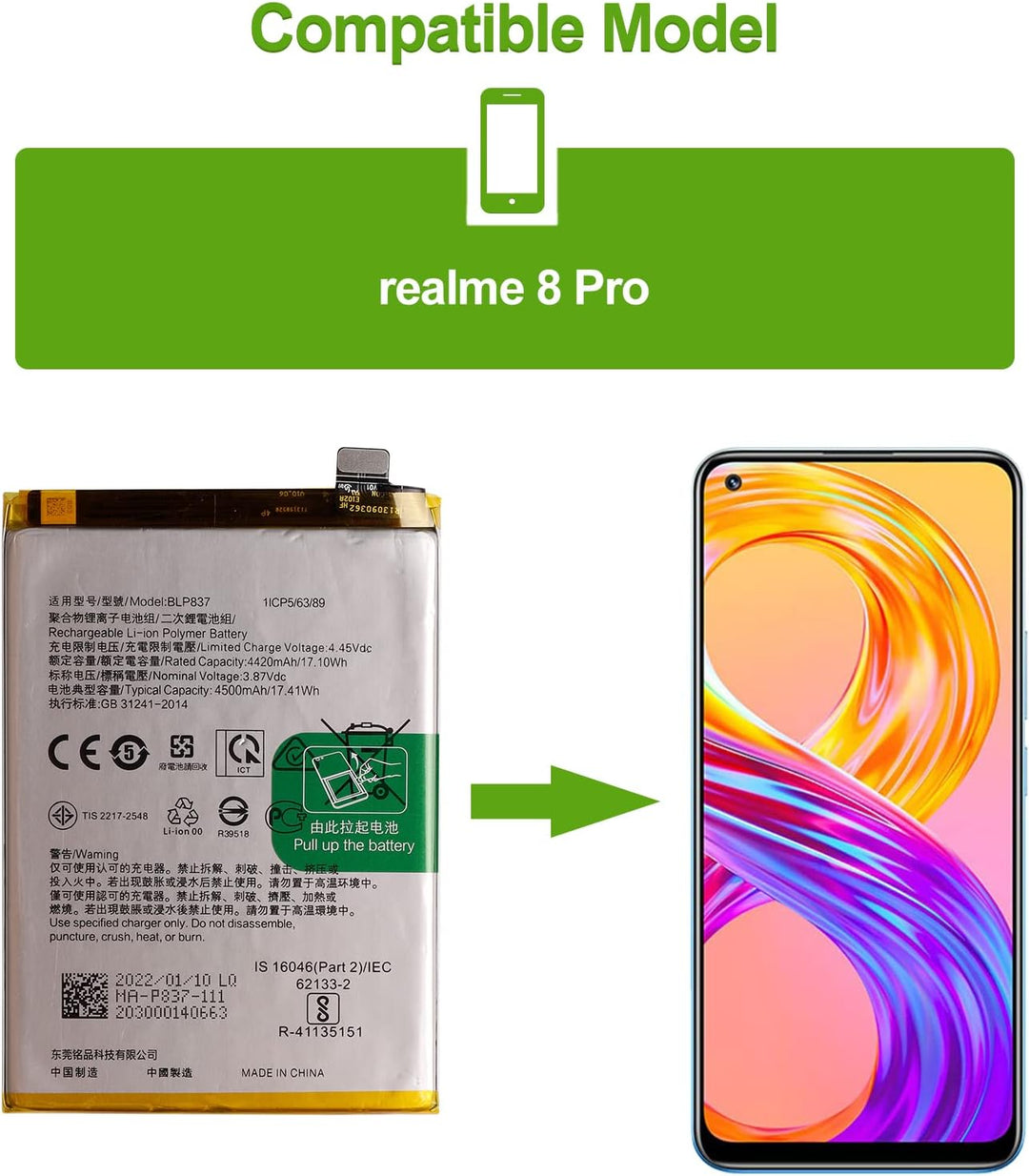 SwarKing Ersatz Akku Kompatibel mit Realme 8 Pro & Realme 9 Pro Plus/Realme 9 Pro+ BLP837 with Toolk