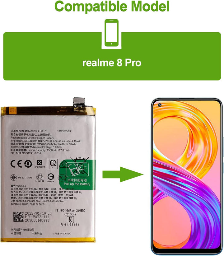 SwarKing Ersatz Akku Kompatibel mit Realme 8 Pro & Realme 9 Pro Plus/Realme 9 Pro+ BLP837 with Toolk