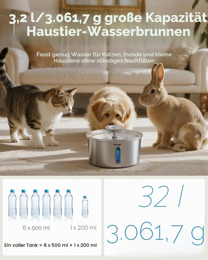 Katzenbrunnen Edelstahl, 3.2L Trinkbrunnen für Katze mit Blumenfontäne, LED-Anzeige, Wasserstandsanz