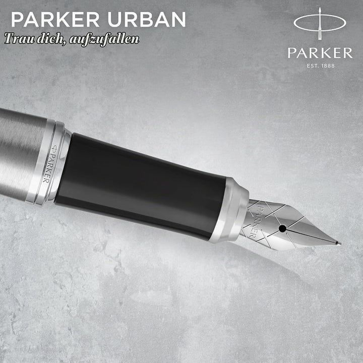 Parker Urban Füller | Metro Metallic | Füllfederhalter mit mittlerer Feder und blauer Tinte | Gesche