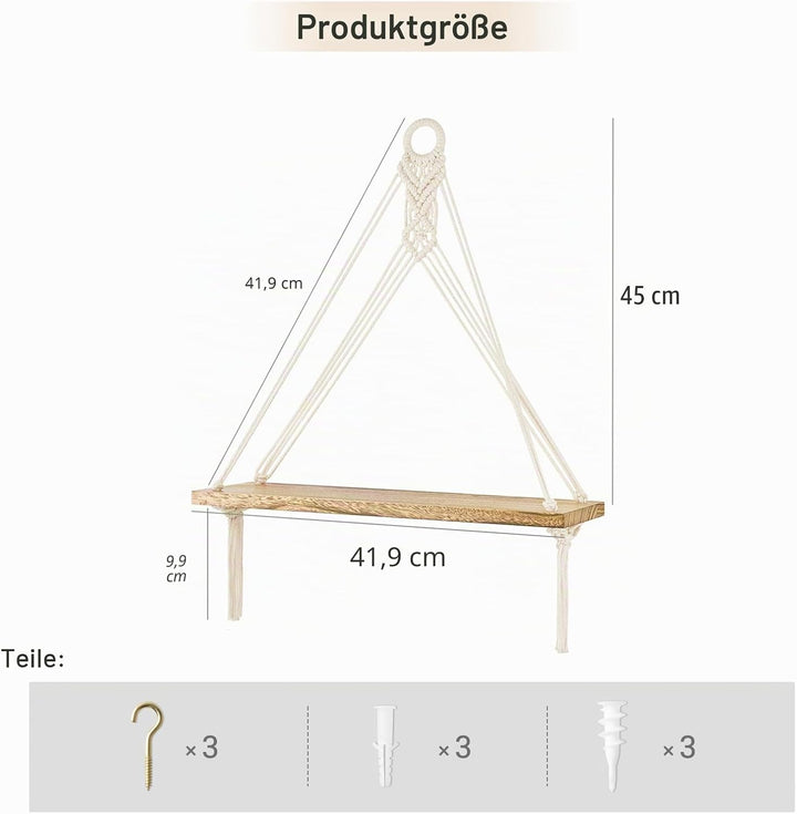 Mkono Makramee Hängeregale Boho Wanddekoration 3er Set Rustikales Holz Schweberegal für Schlafzimmer