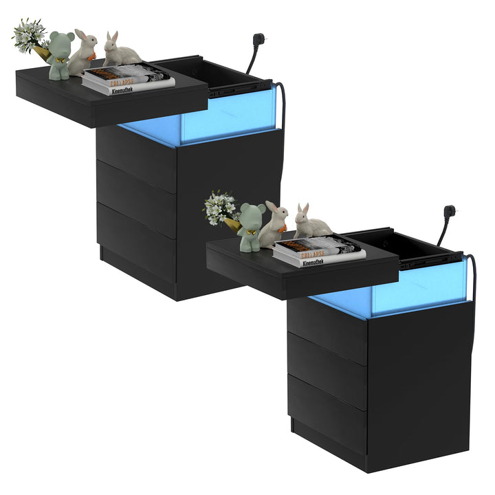 PIPIPOXER 2er Set Nachttisch mit LED Licht und Steckdose,Beistelltisch aus Hochglanz Brett mit Schie