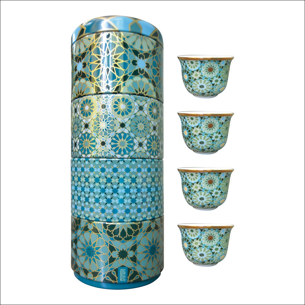 images d´ orient Tin Box with 4 Coffee Cups Blechdose mit 4 Porzellan Kaffeetassen Andalusia 60ml, I