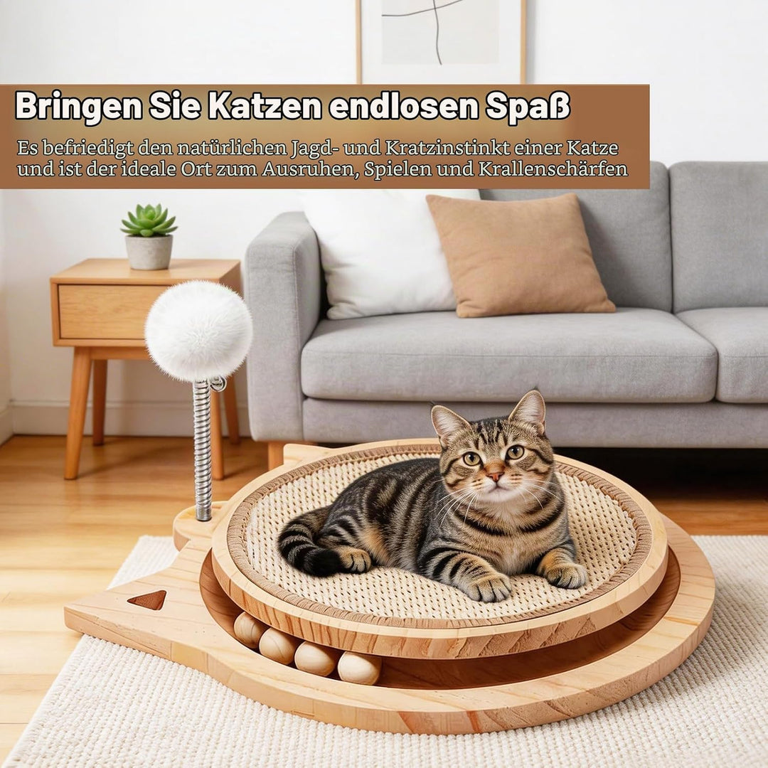 3-IN-1 Kratzbrett Katze Holz, Katzenkratzbrett mit Natürlicher Sisalmatt kratzmöbel Katze mit kugelb