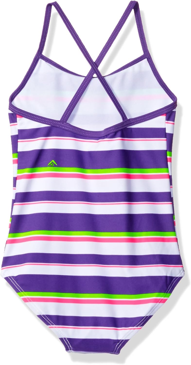 Kanu Surf Girls' Big Beach Sport Banded 1 Piece Swimsuit, Layla Purple Stripe, 7